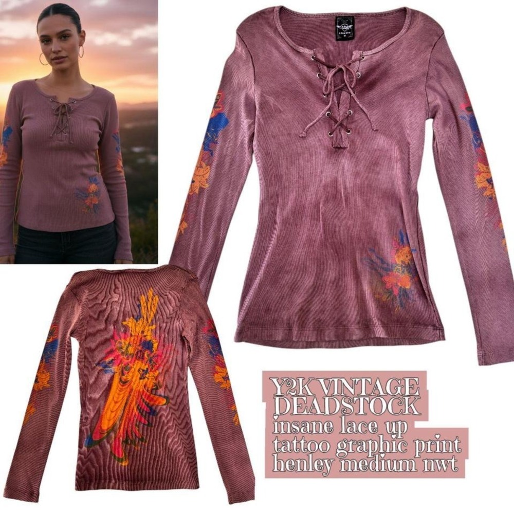 Y2K DEADSOCK CORSET LACE UP TATTOO THERMAL HENLEY Top -Medium NWT